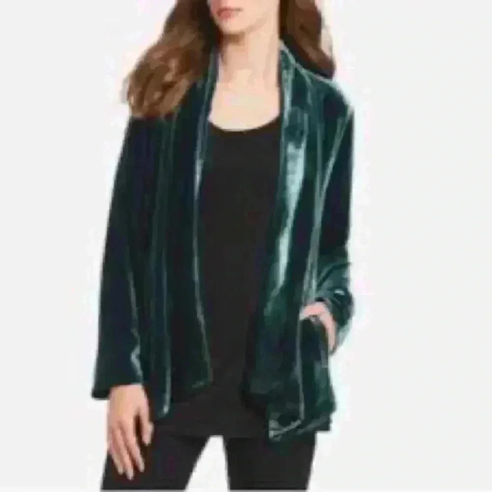 Eileen Fisher angled front long sleeve open front rayon silk blend velvet jacket